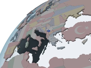 Kosova katıştırılmış bayrak ile siyasi dünya üzerinde. 3D çizim.