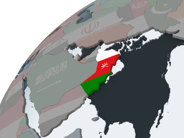 Umman katıştırılmış bayrak ile siyasi dünya üzerinde. 3D çizim.