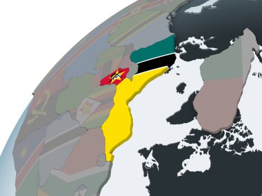 Mozambik katıştırılmış bayrak ile siyasi dünya üzerinde. 3D çizim.