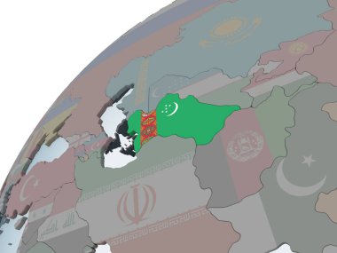 Türkmenistan katıştırılmış bayrak ile siyasi dünya üzerinde. 3D çizim.