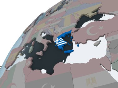 Yunanistan katıştırılmış bayrak ile siyasi dünya üzerinde. 3D çizim.