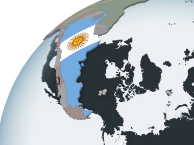Arjantin katıştırılmış bayrak ile siyasi dünya üzerinde. 3D çizim.