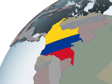 Kolombiya katıştırılmış bayrak ile siyasi dünya üzerinde. 3D çizim.