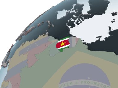 Surinam katıştırılmış bayrak ile siyasi dünya üzerinde. 3D çizim.