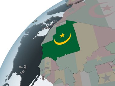 Moritanya katıştırılmış bayrak ile siyasi dünya üzerinde. 3D çizim.