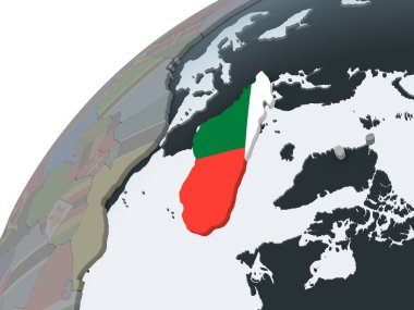 Madagaskar katıştırılmış bayrak ile siyasi dünya üzerinde. 3D çizim.