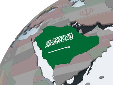 Suudi Arabistan katıştırılmış bayrak ile siyasi dünya üzerinde. 3D çizim.