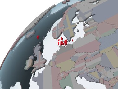 Danimarka katıştırılmış bayrak ile siyasi dünya üzerinde. 3D çizim.