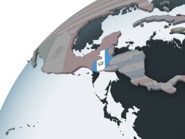 Guatemala katıştırılmış bayrak ile siyasi dünya üzerinde. 3D çizim.