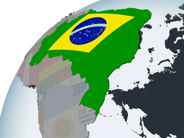 Brasilien Auf Dem Politischen Globus Mit Eingebetteter Flagge Illustration — Stockfoto