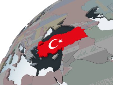 Türkiye katıştırılmış bayrak ile siyasi dünya üzerinde. 3D çizim.