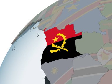 Angola katıştırılmış bayrak ile siyasi dünya üzerinde. 3D çizim.