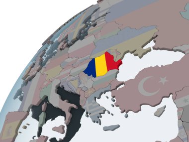 Romanya katıştırılmış bayrak ile siyasi dünya üzerinde. 3D çizim.