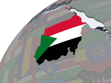 Sudan katıştırılmış bayrak ile siyasi dünya üzerinde. 3D çizim.