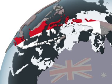 Endonezya katıştırılmış bayrak ile siyasi dünya üzerinde. 3D çizim.