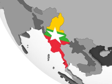 Myanmar katıştırılmış bayrak ile gri siyasi dünya üzerinde. 3D çizim.