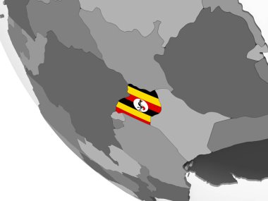 Uganda katıştırılmış bayrak ile gri siyasi dünya üzerinde. 3D çizim.