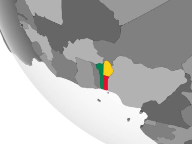 Benin katıştırılmış bayrak ile gri siyasi dünya üzerinde. 3D çizim.