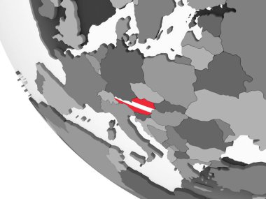 Avusturya katıştırılmış bayrak ile gri siyasi dünya üzerinde. 3D çizim.