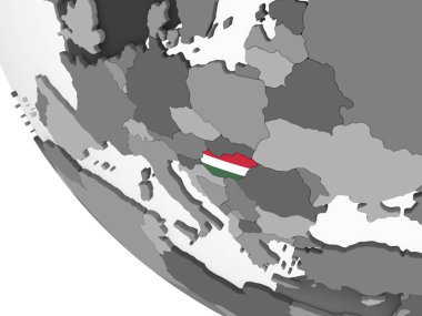 Macaristan katıştırılmış bayrak ile gri siyasi dünya üzerinde. 3D çizim.