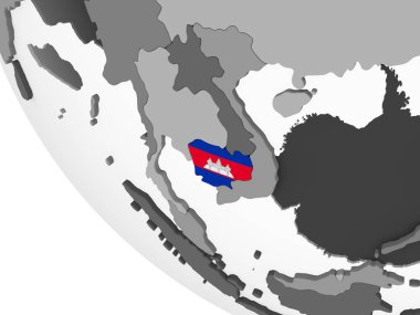 Kamboçya katıştırılmış bayrak ile gri siyasi dünya üzerinde. 3D çizim.