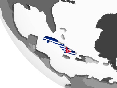 Küba katıştırılmış bayrak ile gri siyasi dünya üzerinde. 3D çizim.