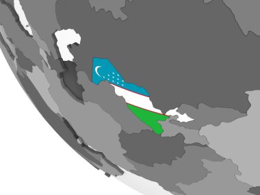 Özbekistan katıştırılmış bayrak ile gri siyasi dünya üzerinde. 3D çizim.