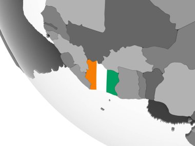 Fildişi Sahili katıştırılmış bayrak ile gri siyasi dünya üzerinde. 3D çizim.