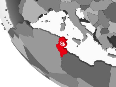 Tunus katıştırılmış bayrak ile gri siyasi dünya üzerinde. 3D çizim.