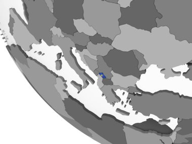 Kosova katıştırılmış bayrak ile gri siyasi dünya üzerinde. 3D çizim.
