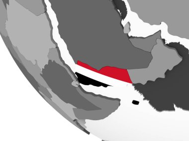 Yemen katıştırılmış bayrak ile gri siyasi dünya üzerinde. 3D çizim.