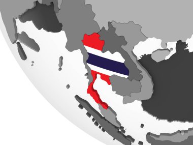 Tayland katıştırılmış bayrak ile gri siyasi dünya üzerinde. 3D çizim.
