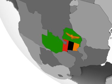 Zambiya katıştırılmış bayrak ile gri siyasi dünya üzerinde. 3D çizim.