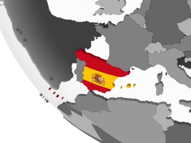 İspanya katıştırılmış bayrak ile gri siyasi dünya üzerinde. 3D çizim.