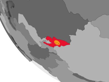 Kırgızistan katıştırılmış bayrak ile gri siyasi dünya üzerinde. 3D çizim.