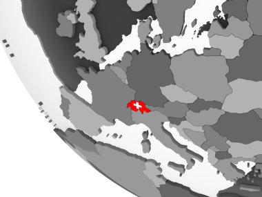 İsviçre katıştırılmış bayrak ile gri siyasi dünya üzerinde. 3D çizim.