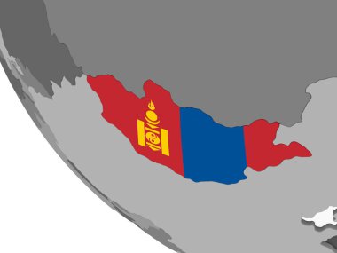 Moğolistan katıştırılmış bayrak ile gri siyasi dünya üzerinde. 3D çizim.
