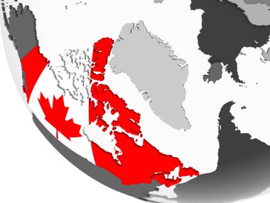 Kanada katıştırılmış bayrak ile gri siyasi dünya üzerinde. 3D çizim.
