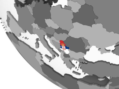 Sırbistan katıştırılmış bayrak ile gri siyasi dünya üzerinde. 3D çizim.
