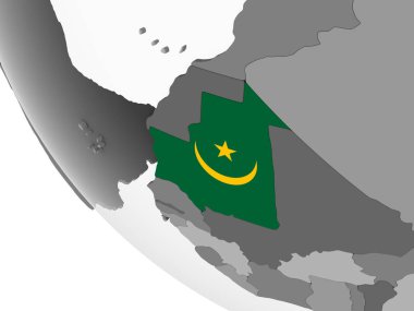 Moritanya katıştırılmış bayrak ile gri siyasi dünya üzerinde. 3D çizim.