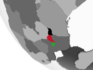 Malavi katıştırılmış bayrak ile gri siyasi dünya üzerinde. 3D çizim.