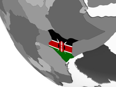 Kenya katıştırılmış bayrak ile gri siyasi dünya üzerinde. 3D çizim.