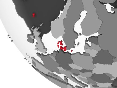 Danimarka katıştırılmış bayrak ile gri siyasi dünya üzerinde. 3D çizim.