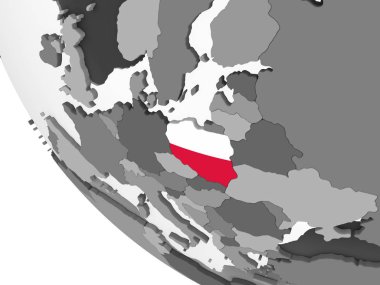 Polonya katıştırılmış bayrak ile gri siyasi dünya üzerinde. 3D çizim.