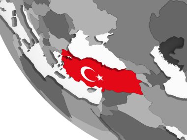 Türkiye katıştırılmış bayrak ile gri siyasi dünya üzerinde. 3D çizim.