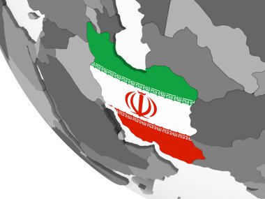 Iran katıştırılmış bayrak ile gri siyasi dünya üzerinde. 3D çizim.