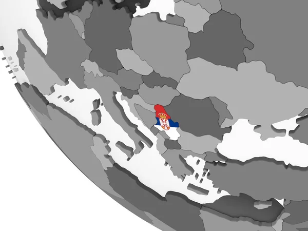 Сербия Сером Политическом Глобусе Встроенным Флагом Иллюстрация — стоковое фото