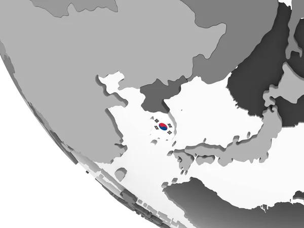 Южная Корея Сером Политическом Глобусе Встроенным Флагом Иллюстрация — стоковое фото