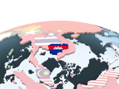 Kamboçya katıştırılmış bayrak ile parlak siyasi dünya üzerinde. 3D çizim.