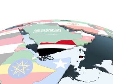 Yemen katıştırılmış bayrak ile parlak siyasi dünya üzerinde. 3D çizim.